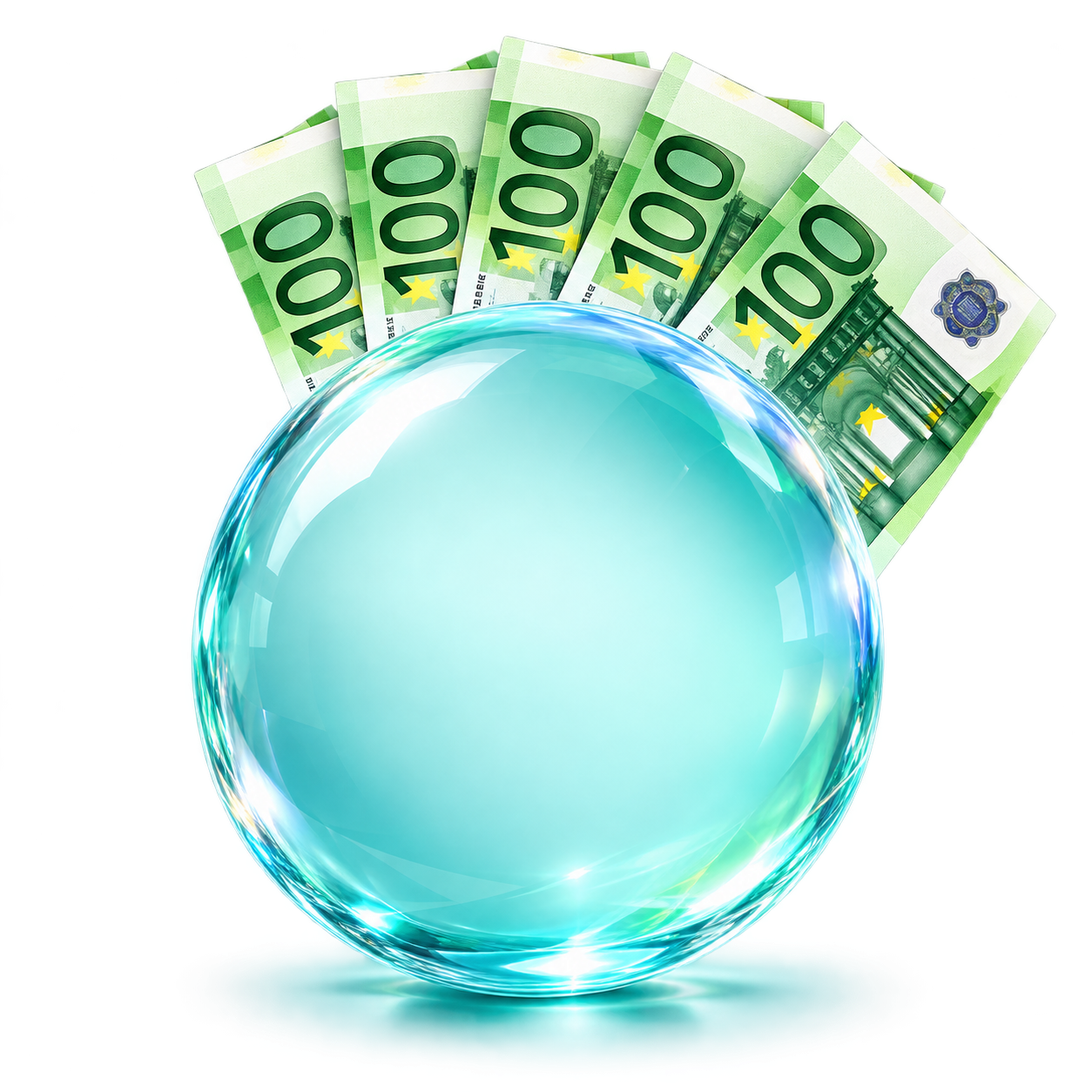 Türkise Glaskugel mit fünf grünen 100-Euro-Scheinen als Symbol für das Vorsorgebudget